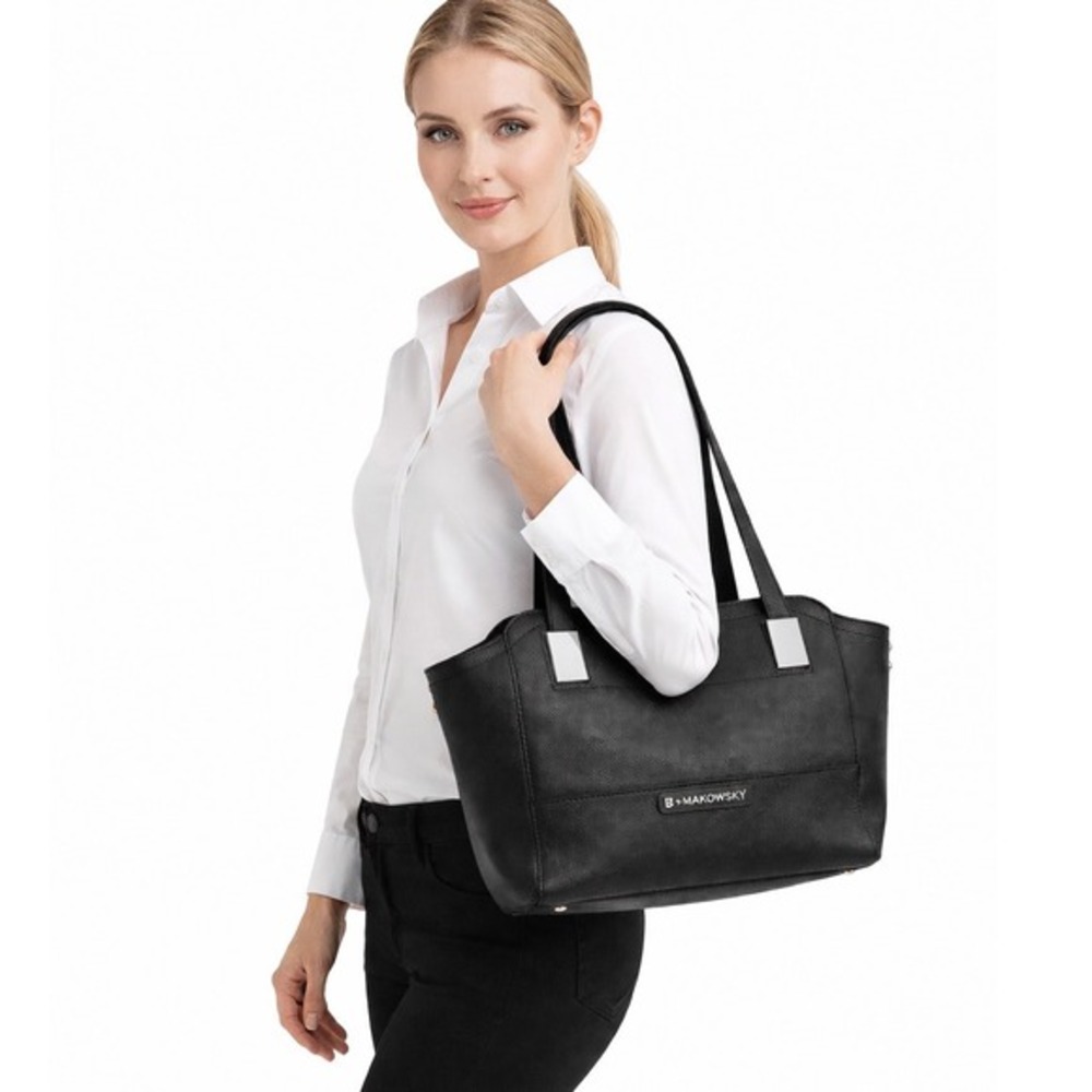 B Makowsky Black Saffiano Leather Tote Shoulder Bag Silver Hardware Luxury 35-12